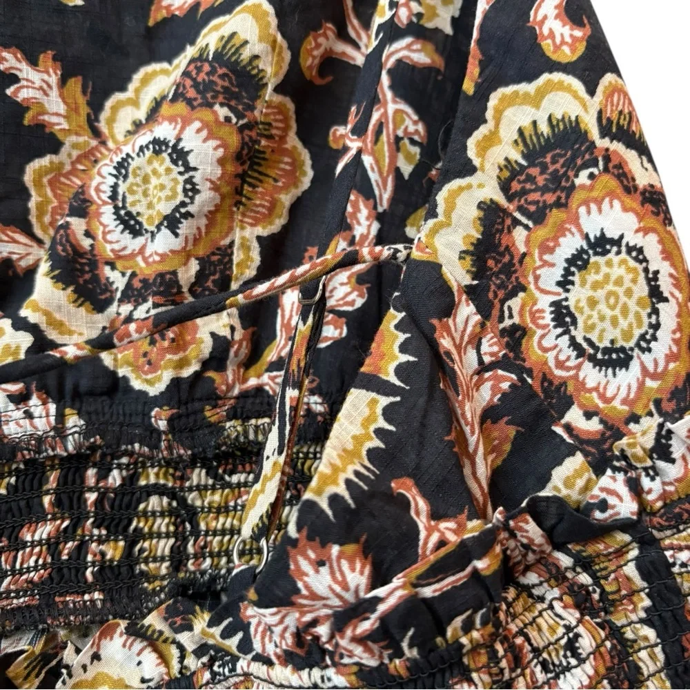 Celandine Anthropologie Dark Floral Straight-Neck Tiered Ruffle Mini Dress Large